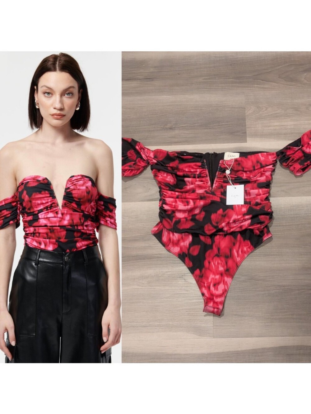 CAMI NYC | Louis Off-The-Shoulder Ruched Thong Bodysuit In Dolce Vita